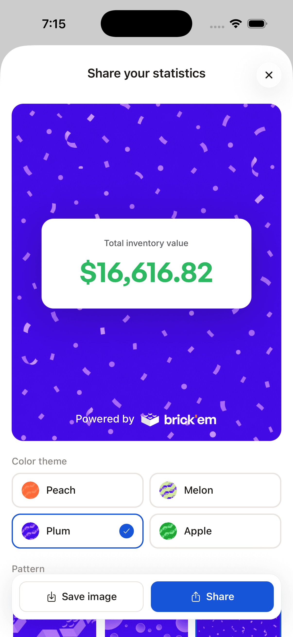 Share your statistics in the brick'em app: a card with the total inventory value, $16,616.82, on a plum confetti background, with color themes and Save image and Share buttons