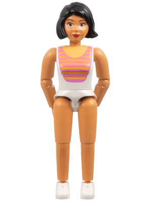 Belville Female, Adult Woman - White Swimsuit with Dark Pink and Light Orange Stripes Pattern, Black Hair, White Shoes (4140031)