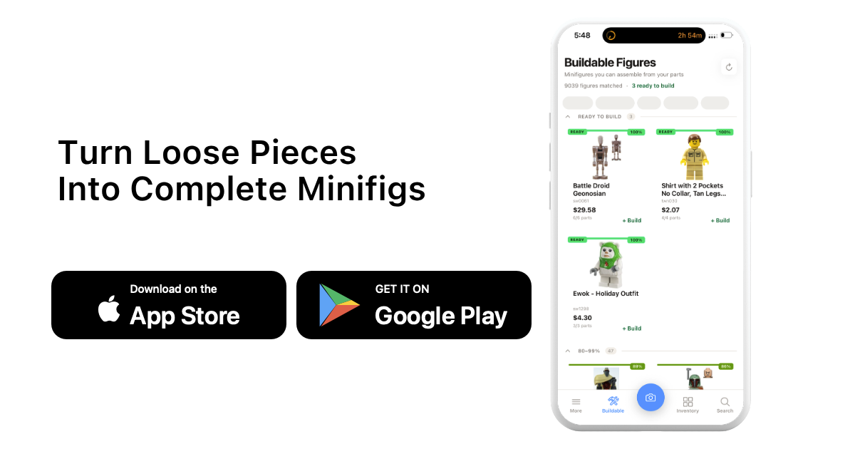 Turn Loose Pieces Into Complete Minifigs with brick'em app download buttons