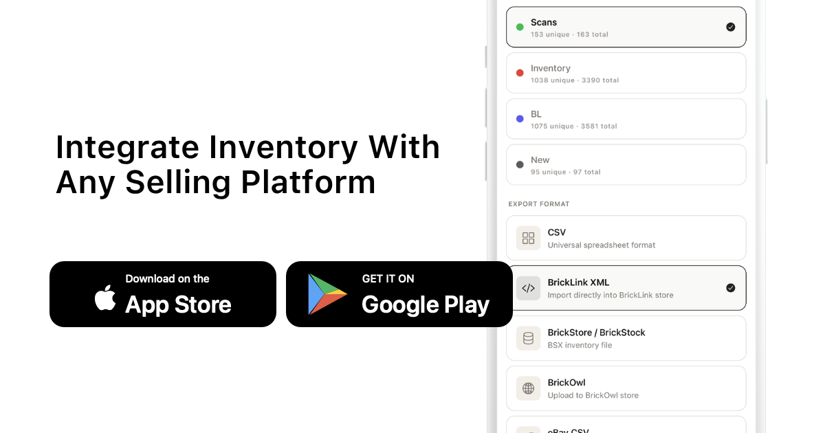 Price Out Bulk Minifigure Lots In Seconds with brick'em app download buttons