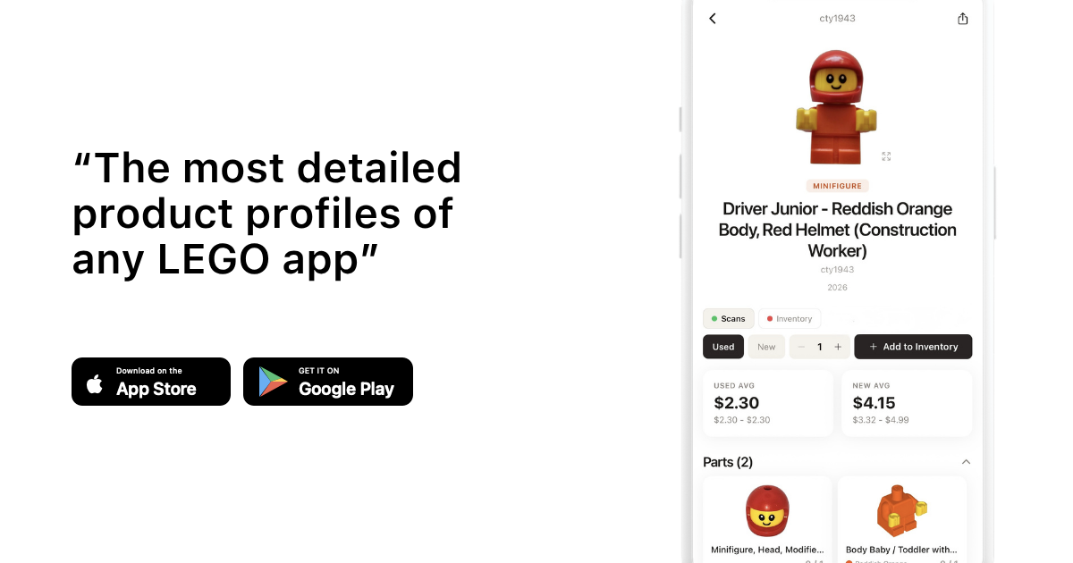 “The most detailed product profiles of any LEGO app” with brick'em app download buttons