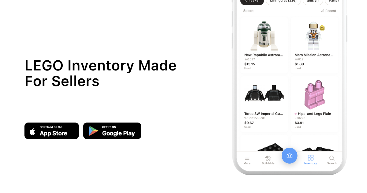 LEGO Inventory Made For Sellers with brick'em app download buttons