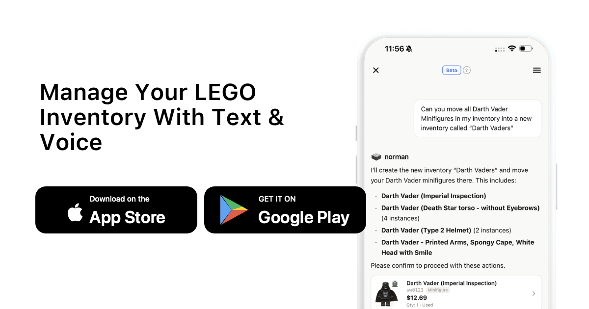 Manage Your LEGO Inventory With Text & Voice with brick'em app download buttons