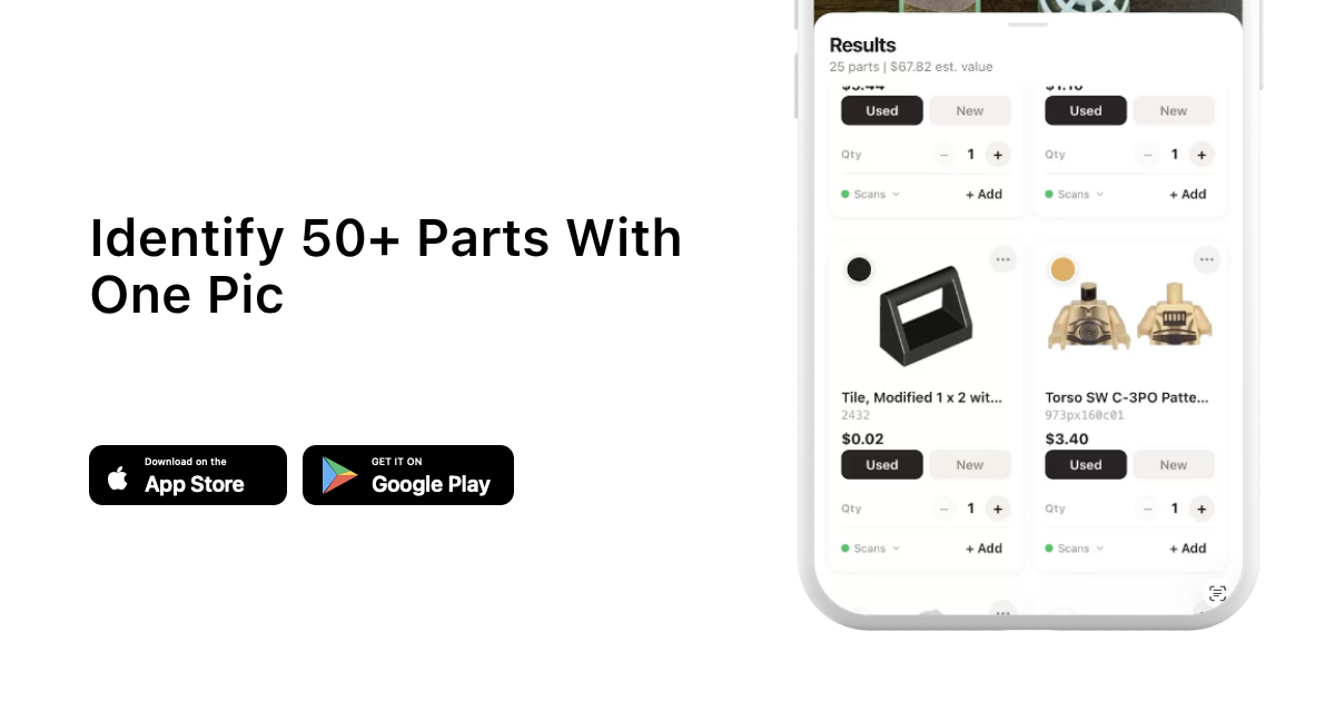 Identify 50+ Parts With One Pic with brick'em app download buttons