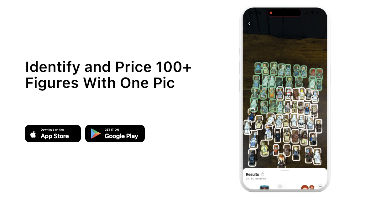 Identify and Price 100+ Figures With One Pic with brick'em app download buttons