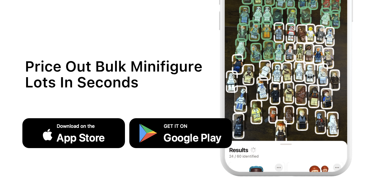Price Out Bulk Minifigure Lots In Seconds with brick'em app download buttons