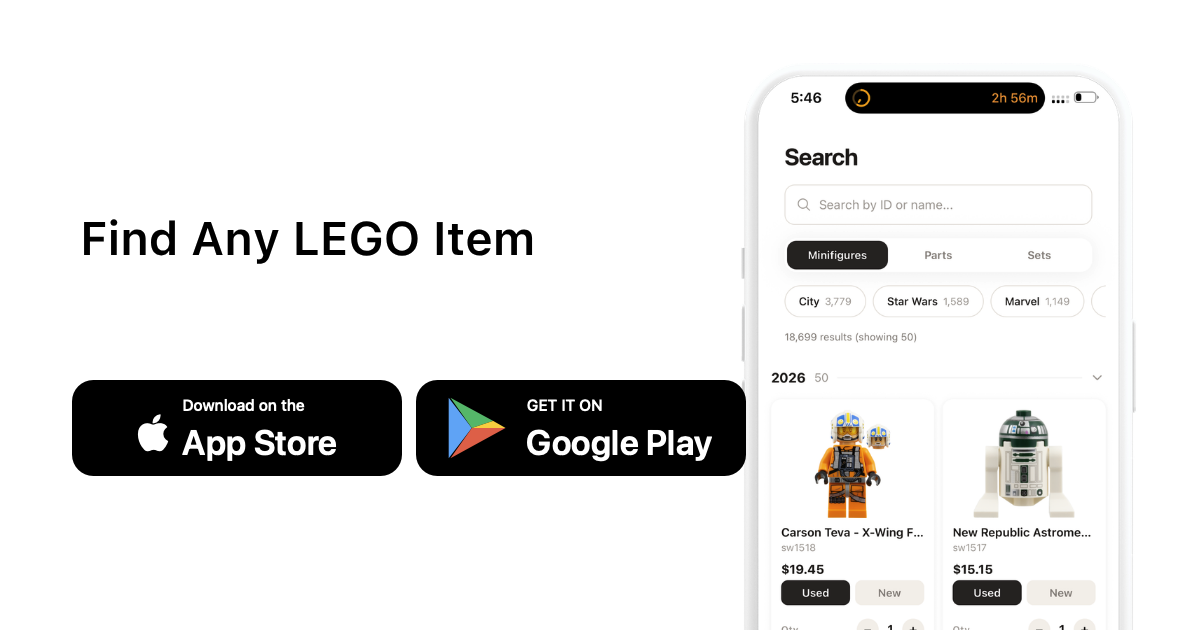 Find Any LEGO Item with brick'em app download buttons