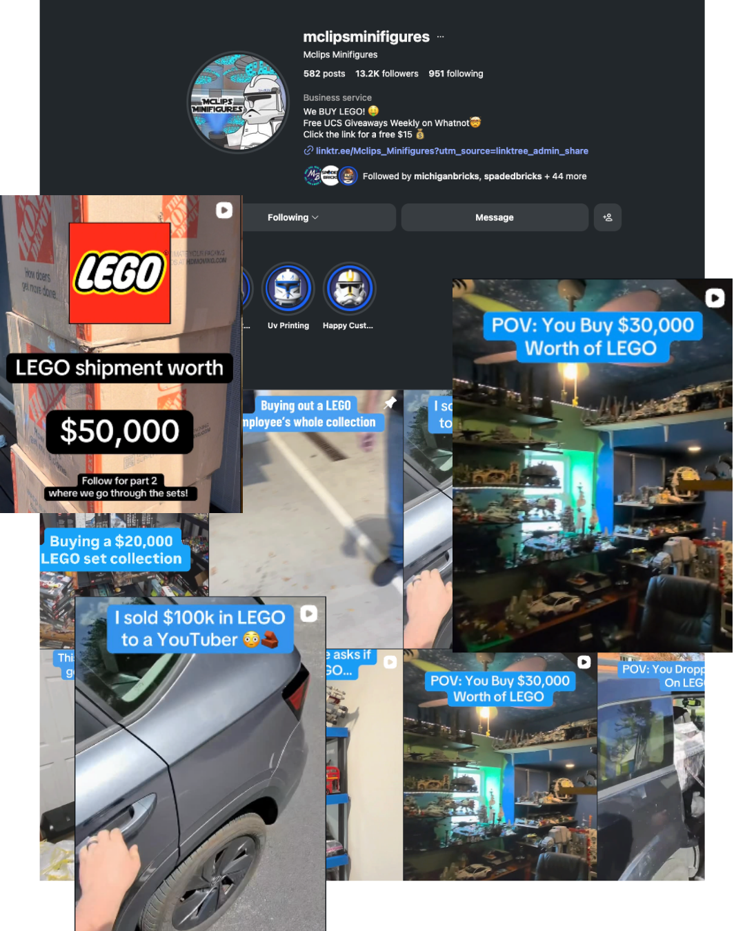 MclipsMinifigures Instagram profile showing $50,000 LEGO shipments, $30,000 collection purchases, and $100K in sales