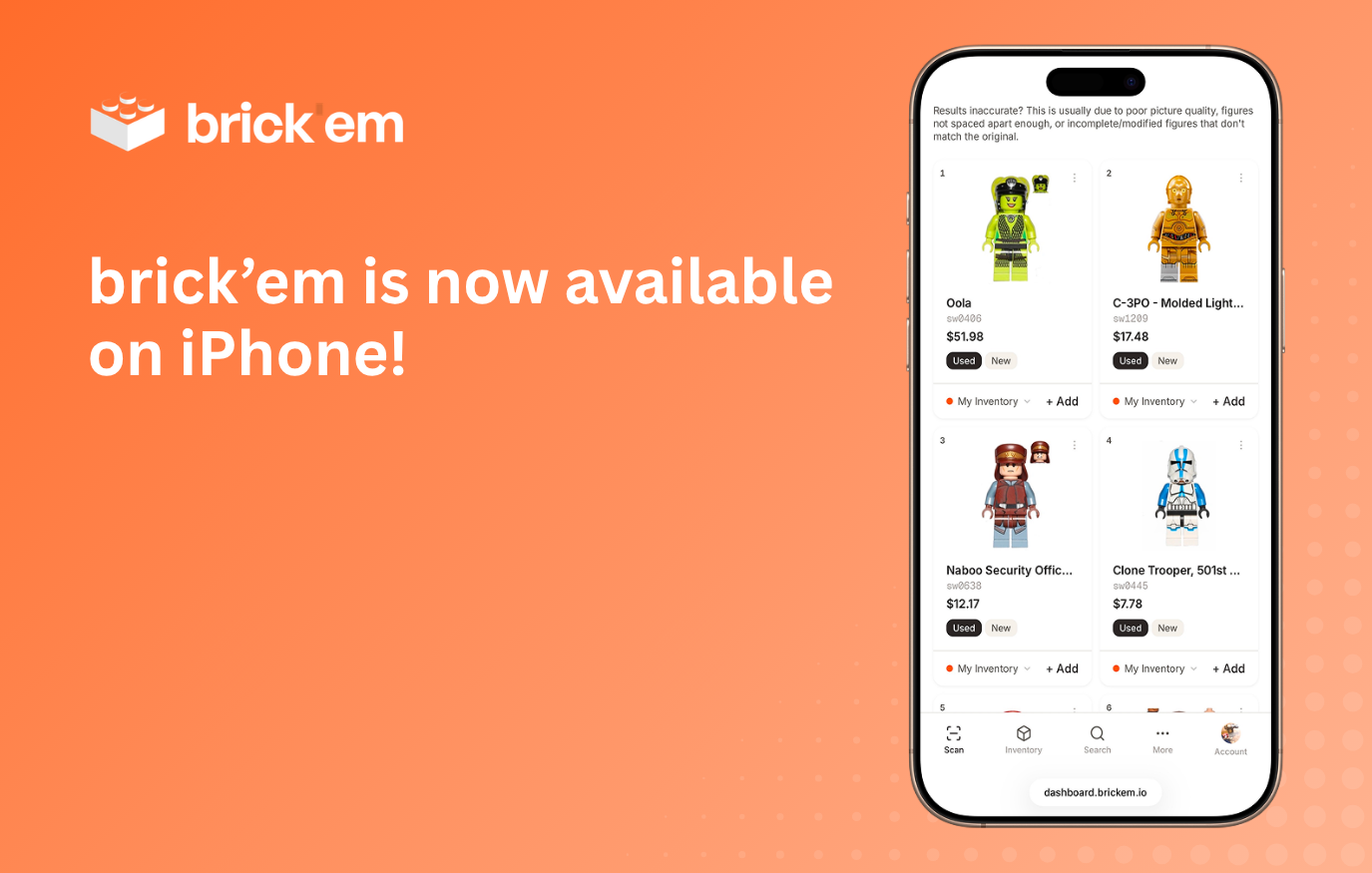 brick'em is now available on iPhone. Download the LEGO minifigure scanner app.