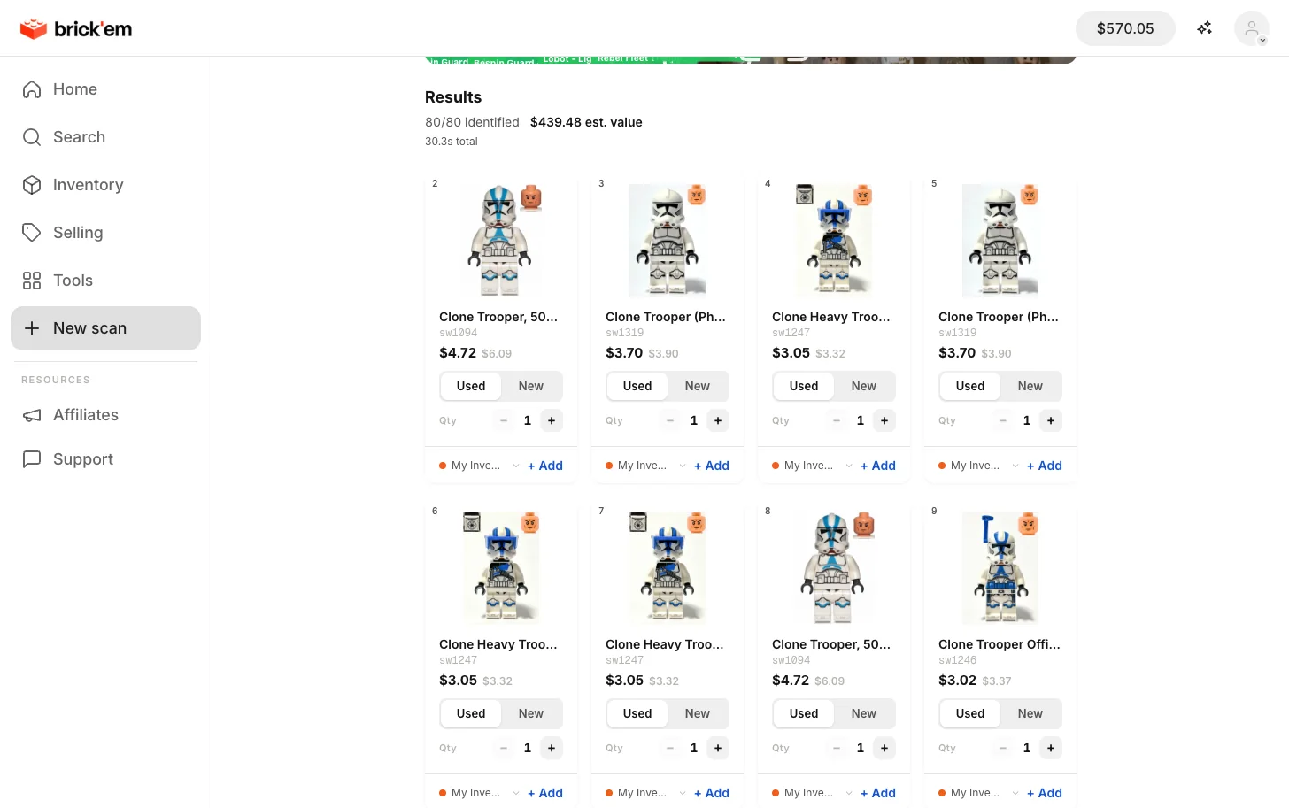 brick'em web dashboard after a bulk scan: 80 minifigures identified and priced from one photo, $439.48 estimated value