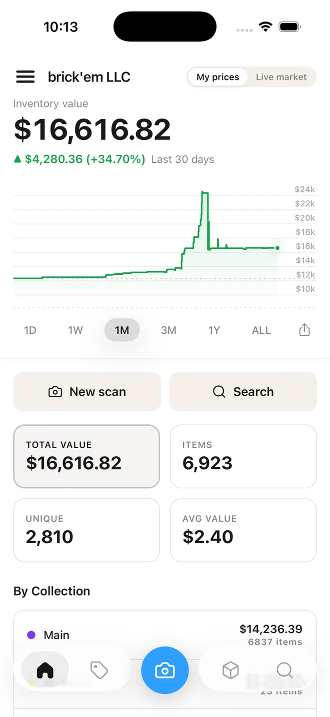 brick'em mobile app home tab: inventory value $16,616.82, up $4,280.36 in the last 30 days, with the value chart and the My prices / Live market toggle