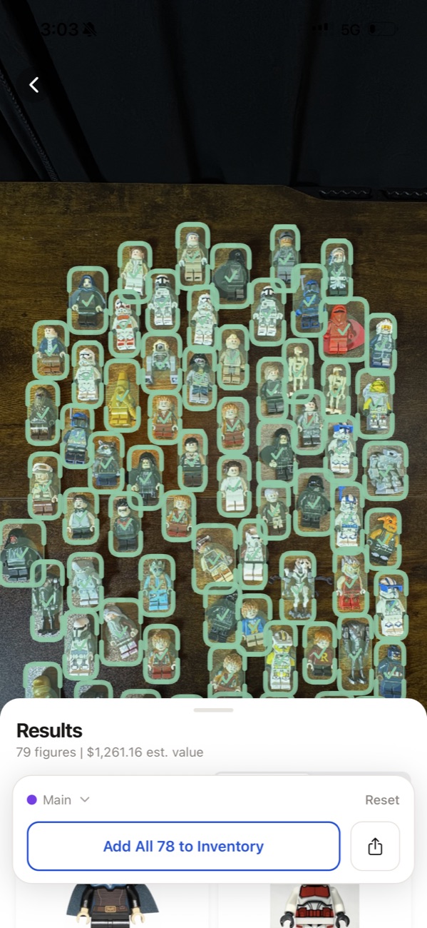 brick'em mobile app showing a scanned lot of 79 minifigures with every figure boxed and priced